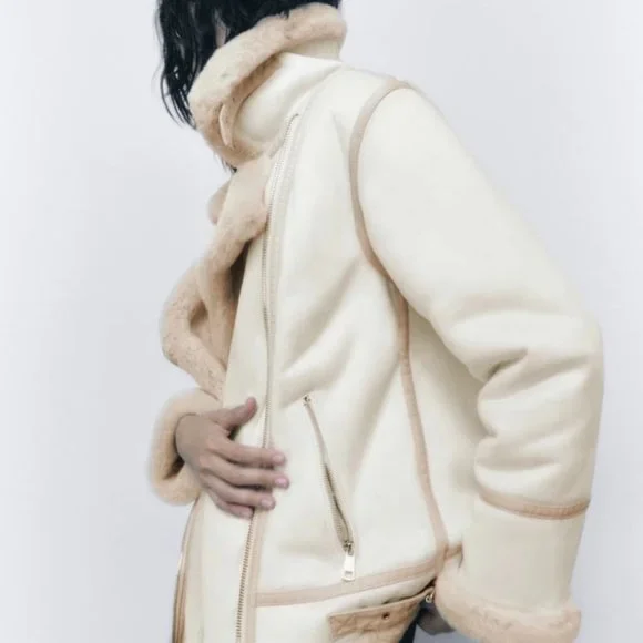 ZARA Women's Faux Suede Double Faced Long Jacket(Ecru, US L/EUR L) - Picture 5 of 16